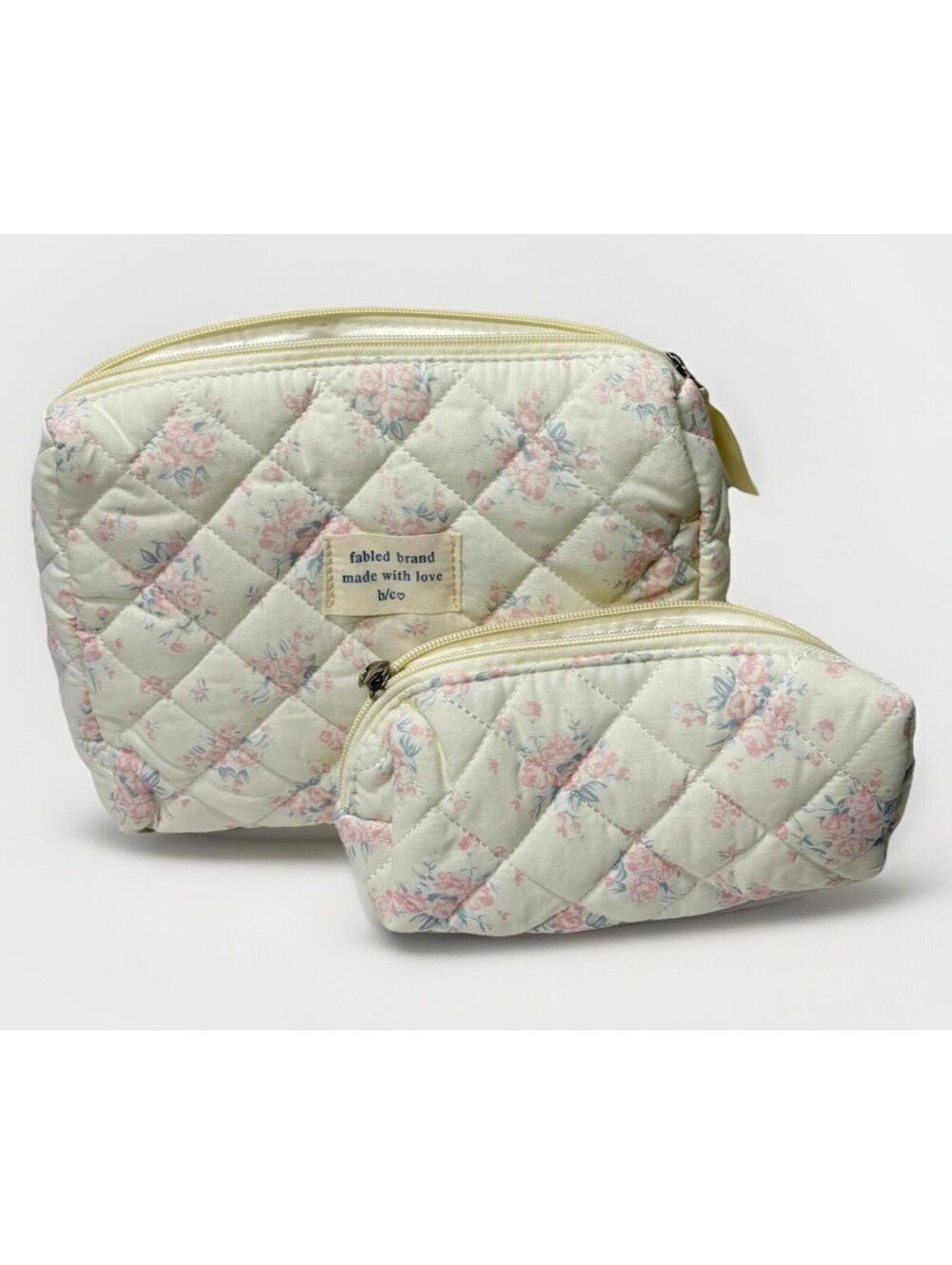 Cute Quilted Floral Makeup Bag 2pc Set – Travel Cosmetic & Toiletry Pouches